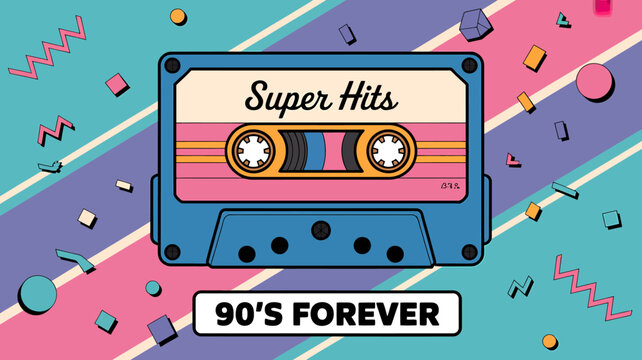 Retro 90s super hits cassette tape with abstract geometric shapes and bold colors celebrating the era