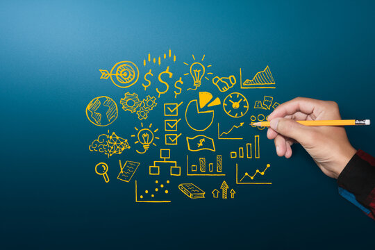 Hand drawing business strategy doodles and financial icons on blue background, creative business concept.