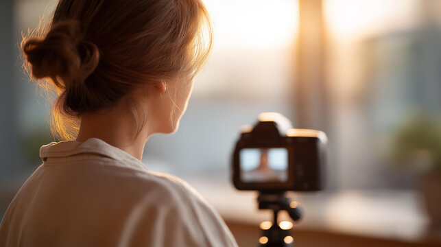Faceless shot from behind a camera on a tripod focused on a woman creating social media content in a bright sunlit room, screen preview visible, behind-the-scenes filming, vlogger perspective,