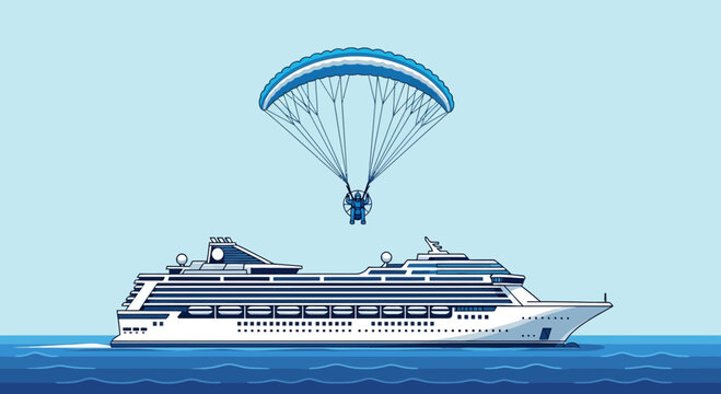 Adventurous Paraglider Soaring Above a Luxury Cruise Ship at Sea