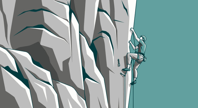 Adventurous Climber Ascends Sheer Rocky Summit Facing The Challenge