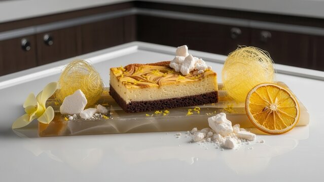 A gourmet lemon cheesecake bar with a chocolate brownie base, garnished with meringue, spun sugar, and dried orange slices on a marble surface