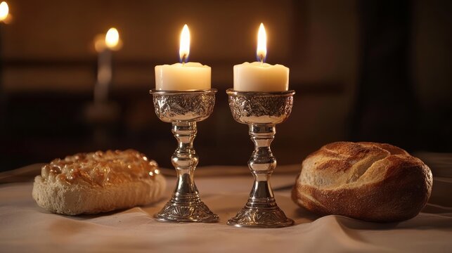 Sabbath candles burning quietly on simple table .