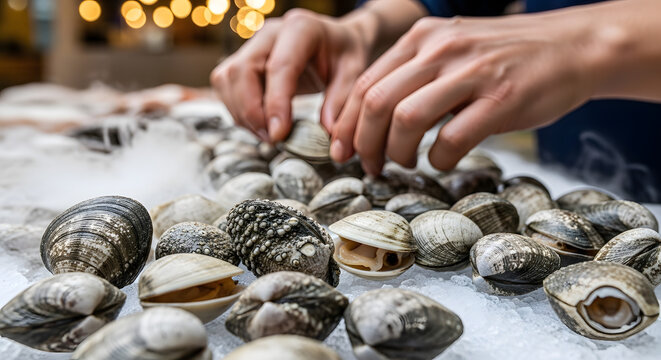 A culinary expert carefully selects high quality shellfish from a chilled display of fresh mollusks on crushed ice to ensure the best ingredients for a gourmet meal