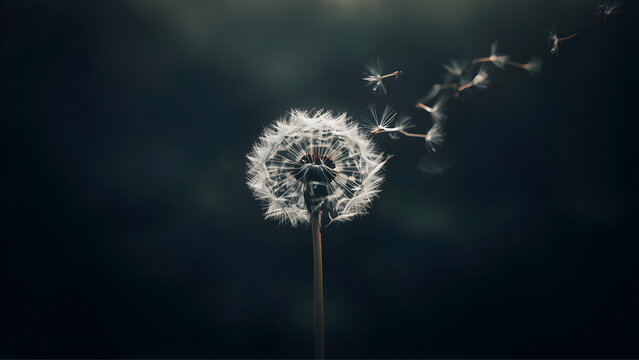 Lonely dandelion with flying seeds in the wind. Symbol of sadness, grief, solitude and fleeting life. Poetic and emotional nature background for loss, mourning and farewell themes