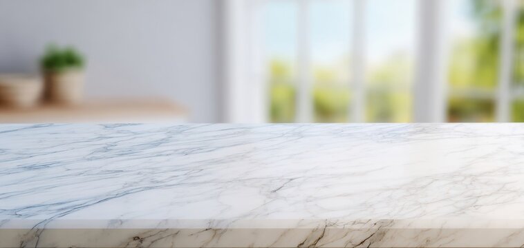 The Marble Countertop in a Bright Modern Kitchen with Blurred Window Background