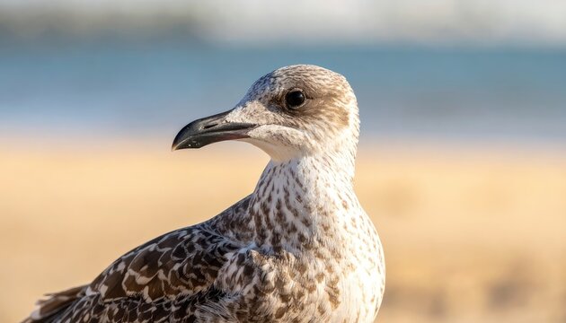 A close-up portrait of a juvenile seagull showcases its intricate plumage and focused gaze against a blurred beach backdrop.