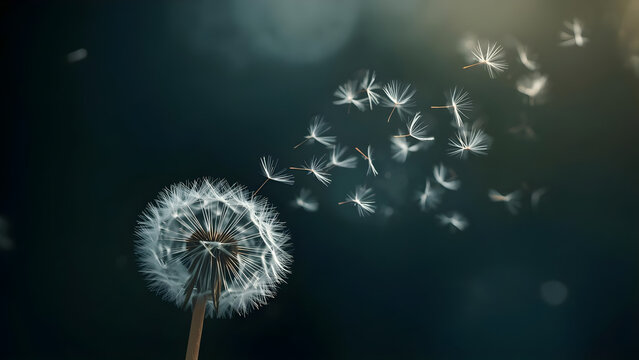 Lonely dandelion with flying seeds in the wind. Symbol of sadness, grief, solitude and fleeting life. Poetic and emotional nature background for loss, mourning and farewell themes