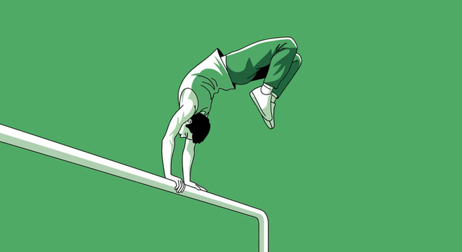 Athletic Acrobat Demonstrating Balance And Strength On Parallel Bars