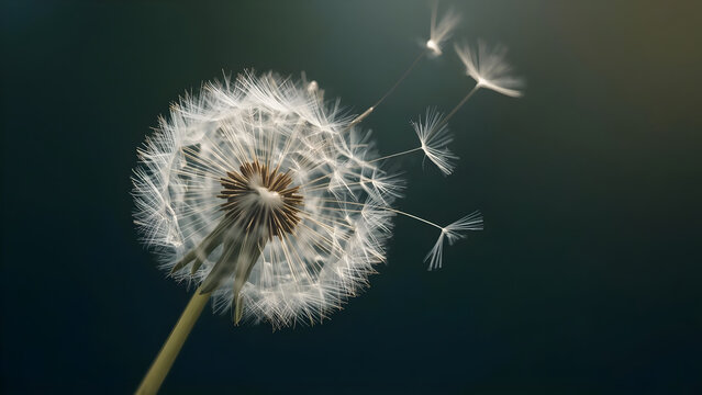 Lonely dandelion with flying seeds in the wind. Symbol of sadness, grief, solitude and fleeting life. Poetic and emotional nature background for loss, mourning and farewell themes