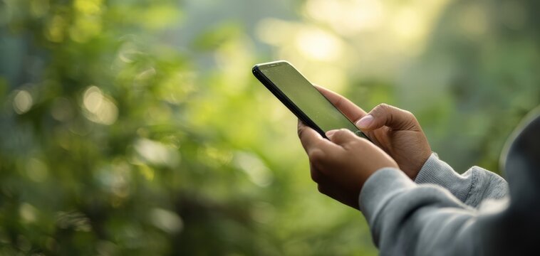 The smartphone held by hands against soft green bokeh in a serene outdoor setting