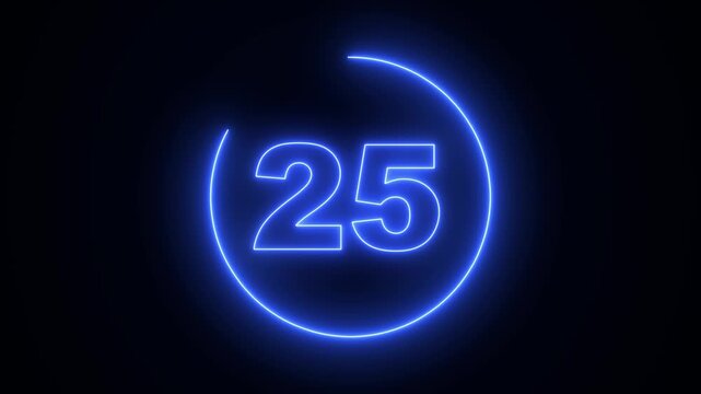 Neon Circle countdown timer animation from 30 to 0 second animation on black background with alpha channel, 30 seconds countdown timer. Neon bright glowing countdown timer from 30 to 0 seconds.