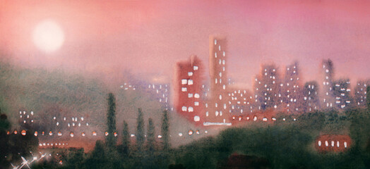 Watercolour painting scene. City lights © Marina