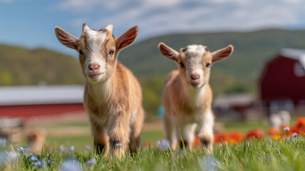 Fototapeta premium Cute baby goats by farm in the spring. Baby pygmy goat on a farm. selective focus. A young goats with bright blue sky and spring flowers