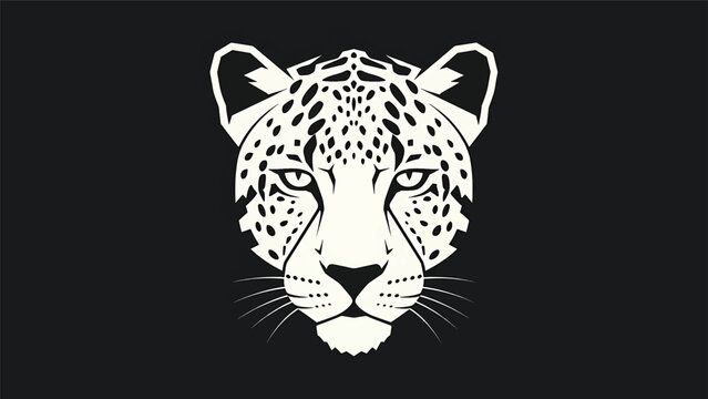 Elegant Black and White Leopard Head Silhouette on Dark Background.