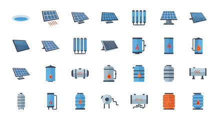 Fototapeta premium Collection of flat solar panels and water heating tank icons with thermal symbols on a white background, Represents sustainable energy solutions, illustrating modern home plumbing systems