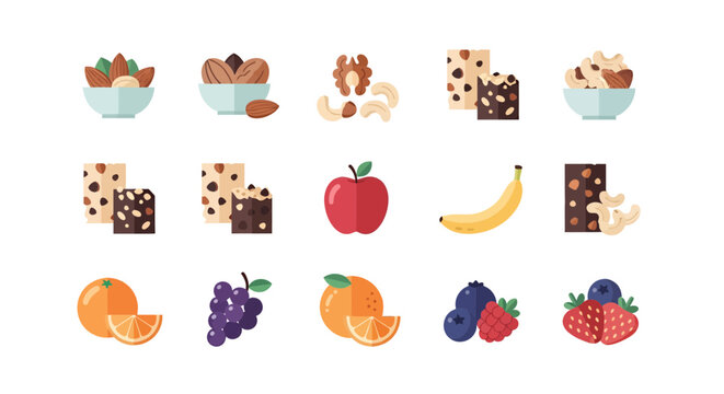 Flat vector illustration set of healthy snacks featuring assorted nuts granola bars and fresh fruits like berries and apples, providing visual aids for nutrition and representing wellness