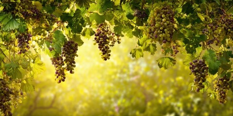 Fototapeta premium The Grapevine Laden with Ripe Grapes Hanging Over a Sunlit Vineyard Background in Autumn