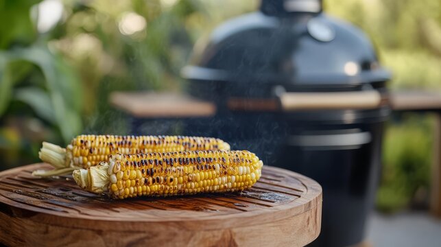 Grilled corn on the cob served on a wooden platter with BBQ grill in the background .