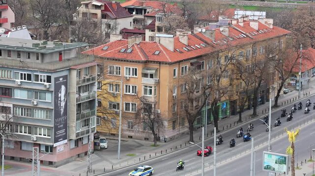 Police escort a huge column of bikers in Plovdiv, Bulgaria. 