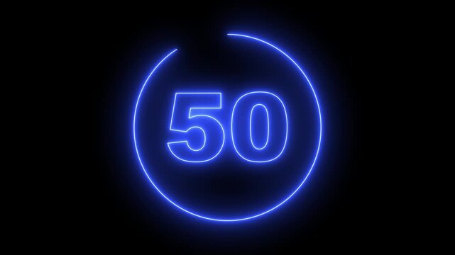 Neon Circle countdown timer animation from 55 to 0 second animation on black background with alpha channel, 55 seconds countdown timer. Neon bright glowing countdown timer from 55 to 0 seconds.