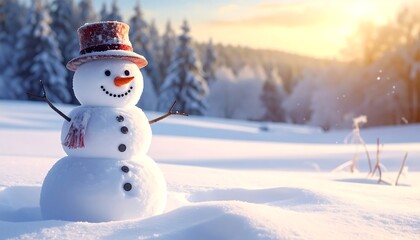 Obraz premium A cheerful snowman in a snowy field