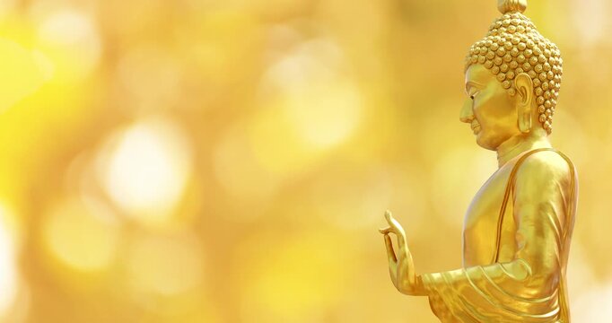 Golden Buddha statue with soft golden bokeh background. Copy space, Peaceful, spiritual, and serene atmosphere, ideal for religion, meditation, Asian culture, and mindful content