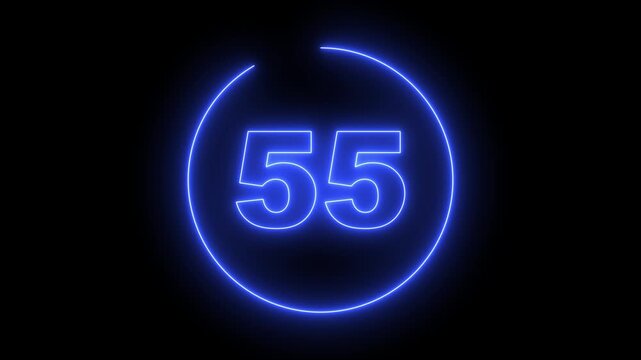 Neon Circle countdown timer animation from 60 to 0 second animation on black background with alpha channel, 60 seconds countdown timer. Neon bright glowing countdown timer from 60 to 0 seconds.