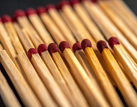 Row of wooden matchsticks with red tips.