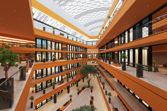 Modern multi-level shopping mall interior. 3D render of empty retail center with orange balconies