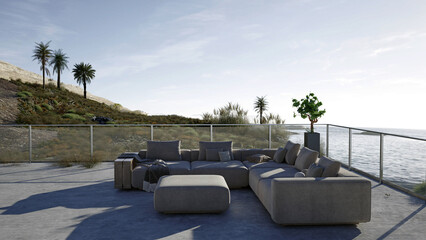 Naklejka premium 3D render of a luxury outdoor terrace with grey sofa. Modern coastal patio furniture overlooking sea