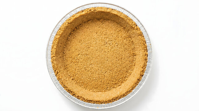 An empty graham cracker pie crust in a disposable aluminum pan on a white background