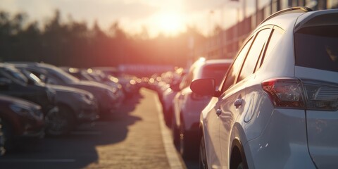 Naklejka premium The Car Parked at Sunset in a Crowded Urban Parking Lot with Bokeh