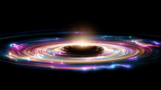 A glowing interstellar vortex pulling light into its center, surrounded by colorful plasma rings