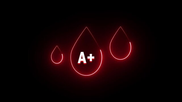 Neon A+ Blood Drop Symbol in Abstract Glowing Neon Light On Black Background
