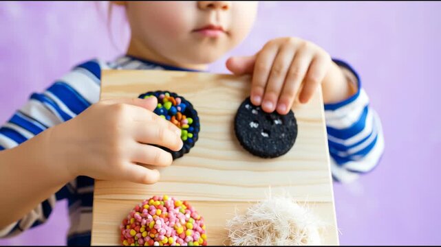 child using sensory board with different textures macro focus tactile learning concept pastel background