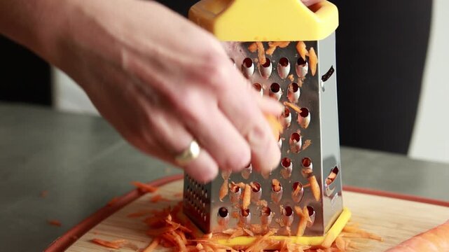 Close-up of woman's hands grating a fresh carrot on a stainless steel box grater in natural light