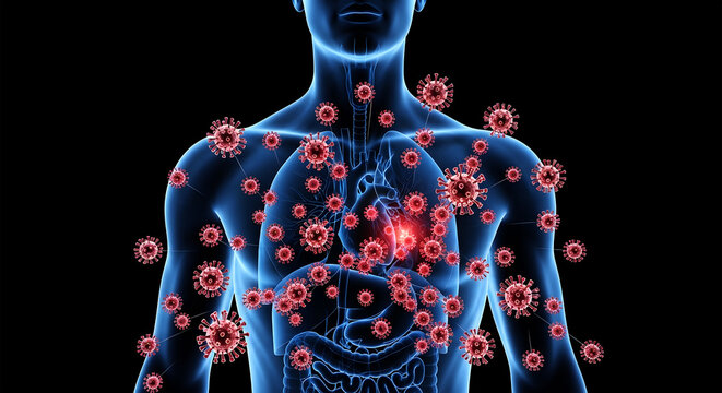 Human body anatomy with red virus particles spreading through organs infection