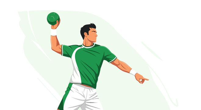 Athletic Male Handball Player In Action Green Uniform Poised To Throw