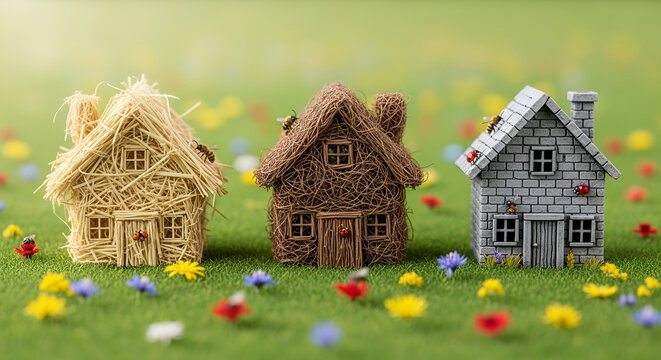 Miniature three little pigs houses made of straw sticks and bricks