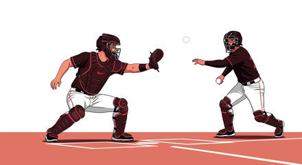 Fototapeta premium Baseball Battery Action Catcher Receiving Pitcher Throwing To Home Plate Dynamic Illustration