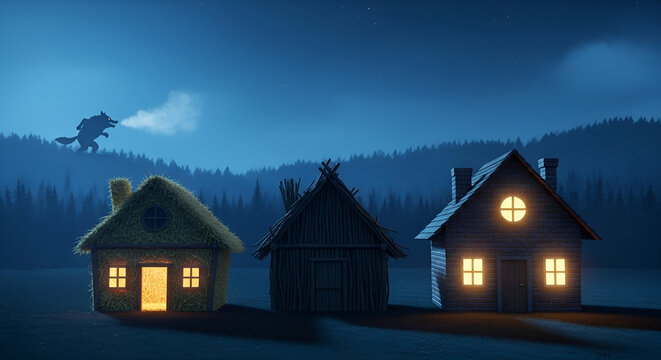 The three little pigs houses and big bad wolf under the night sky