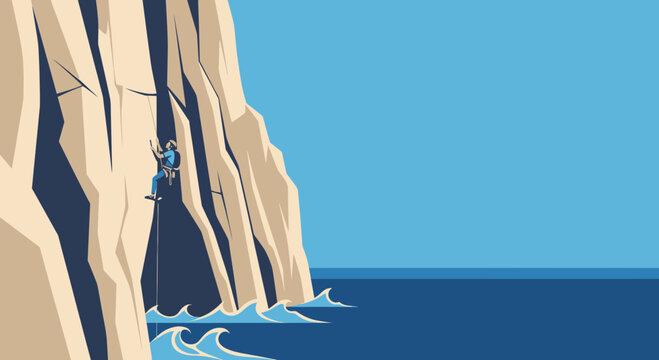 Bold Climber Ascends Rugged Sea Cliff Under Vast Blue Sky