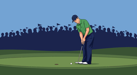 Obraz premium Concentrated Golfer Puts On Green Surrounded By Spectator Silhouettes