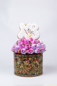 Easter Kulich in Decorated Tin Can with Purple Tulips and Gingerbread XB - Festive Composition