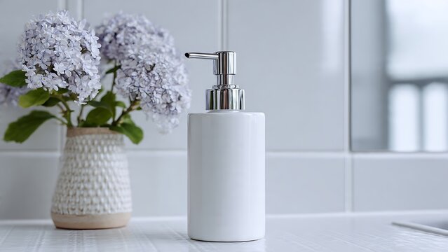 Elegant white ceramic soap dispenser with silver pump, perfectly placed next to a charming vase of soft purple flowers on a clean tiled bathroom or kitchen counter