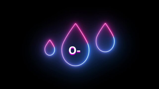 Neon O- Blood Drop Symbol in Abstract Glowing Neon Light On Black Background. O Negative Blood