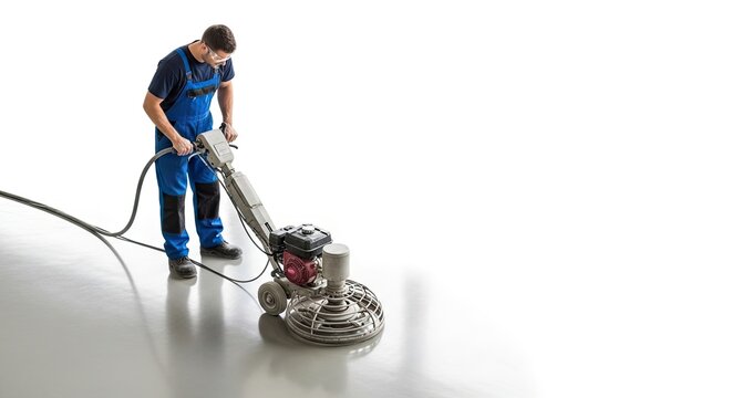 Professional worker operating power trowel machine on concrete floor