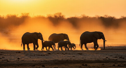 Obraz premium Majestic African elephant family trekking across dry savanna at golden hour with dust trails