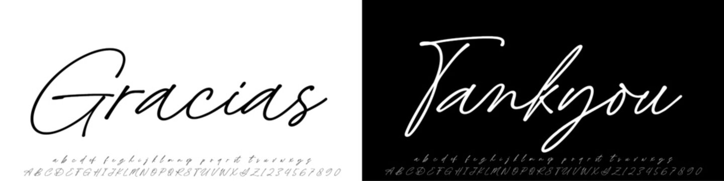 Gracias signature. Lettering signature font isolated on grey background. brus style alphabet. Vector logo letters.	